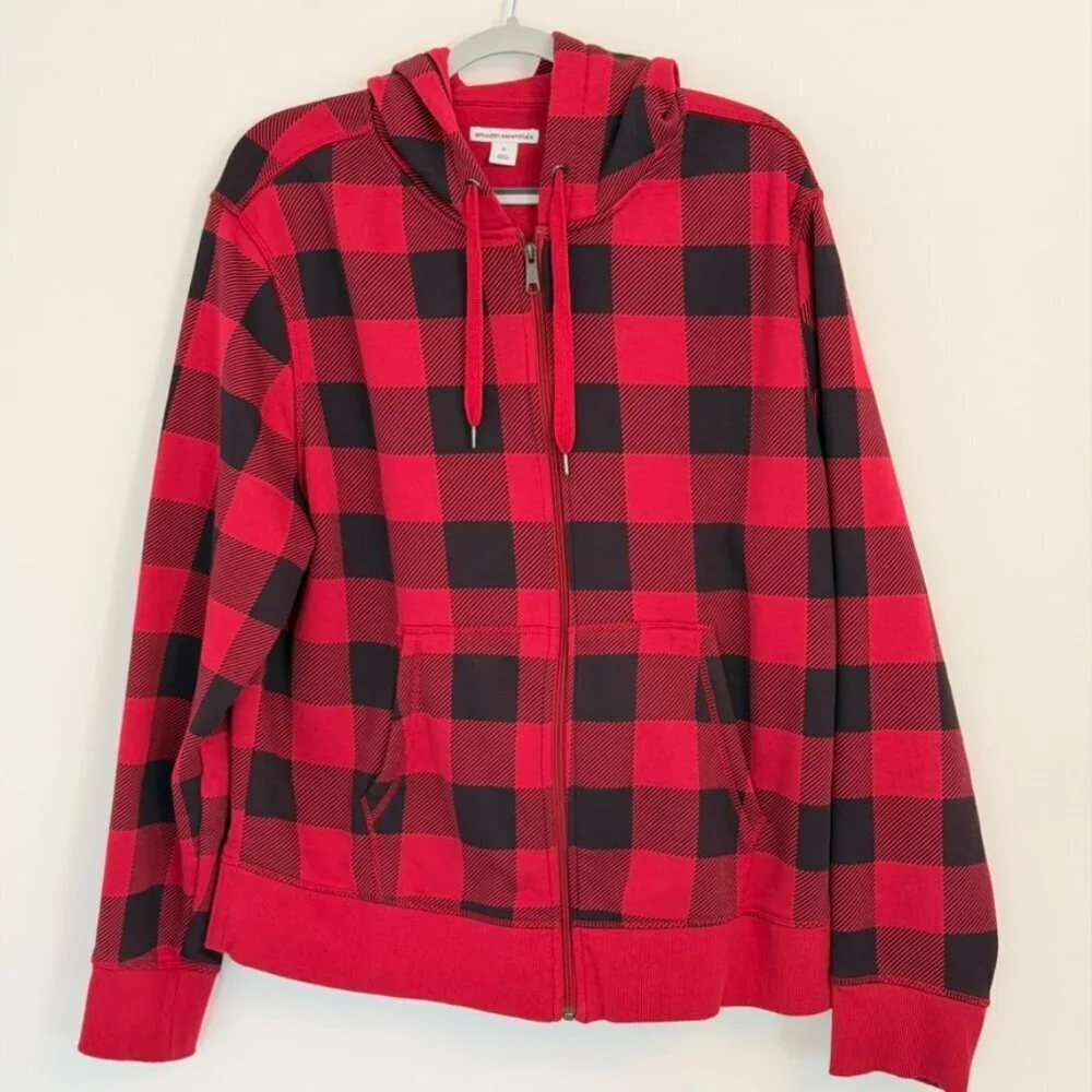 ❤️ Red & Black Buffalo Plaid Zip Hoodie (XL)